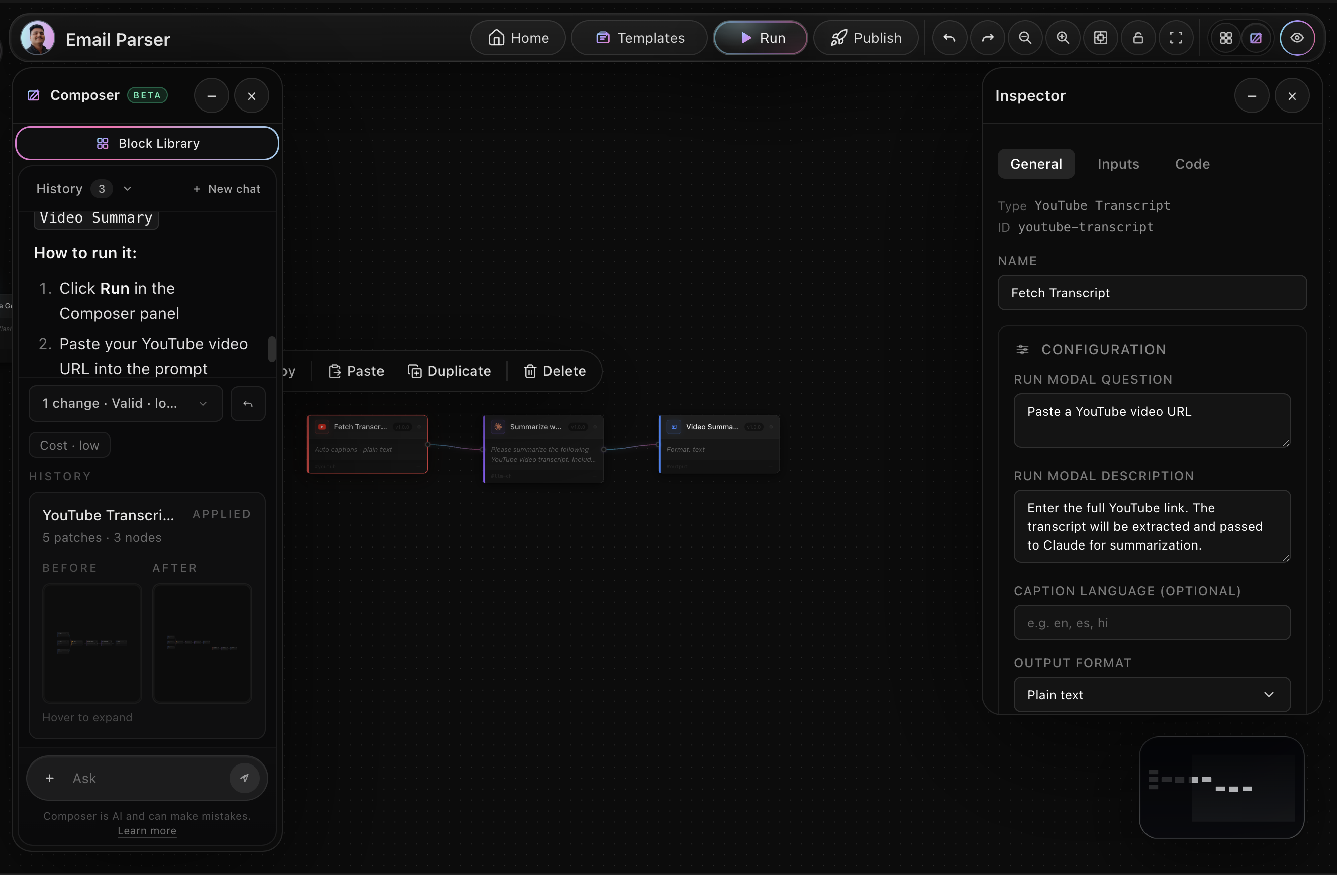 Composer generating a workflow from a natural language prompt